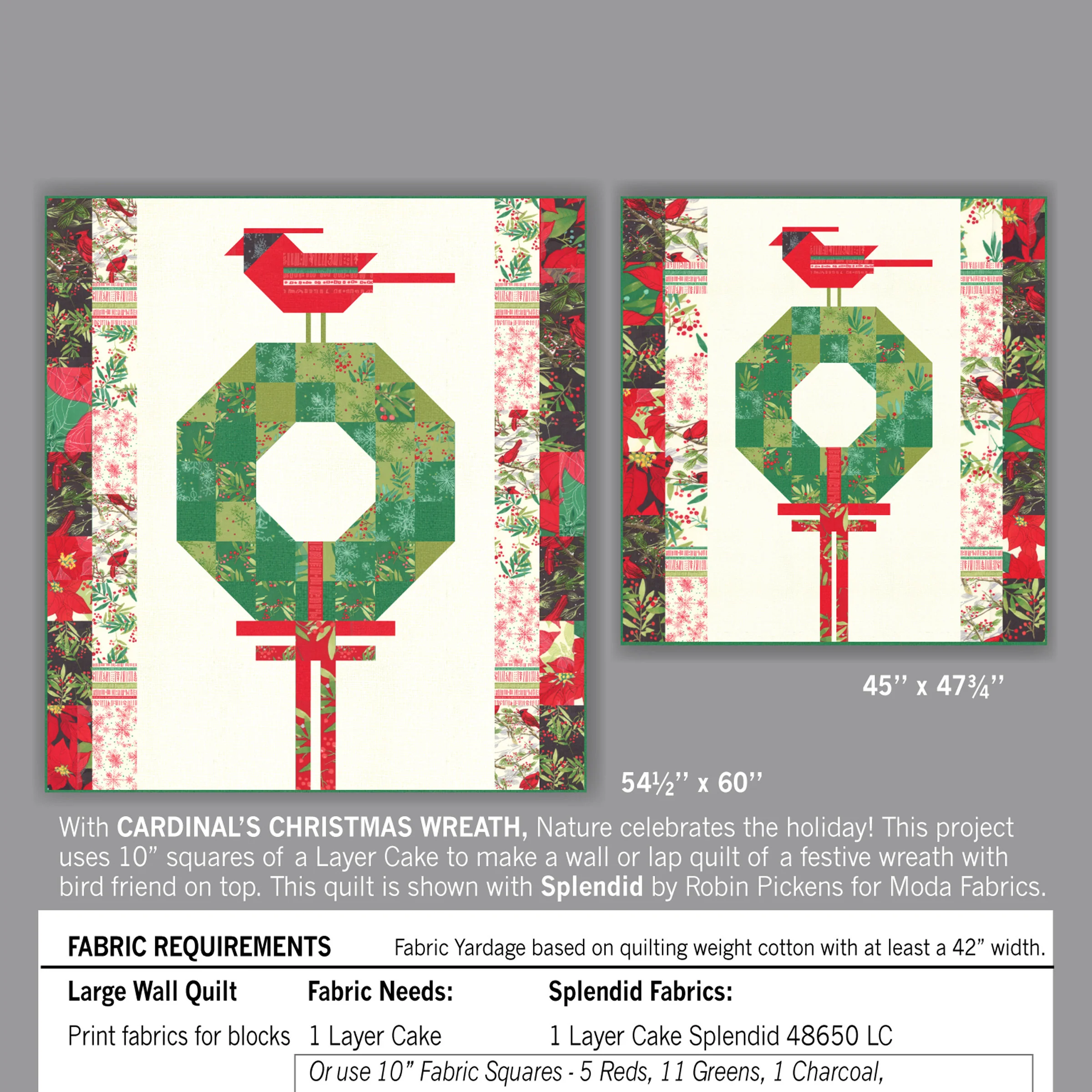 CARDINALS CHRISTMAS WREATH Printed Quilt Pattern in Large or Medium Wall Sizes by Robin Pickens - Image 4