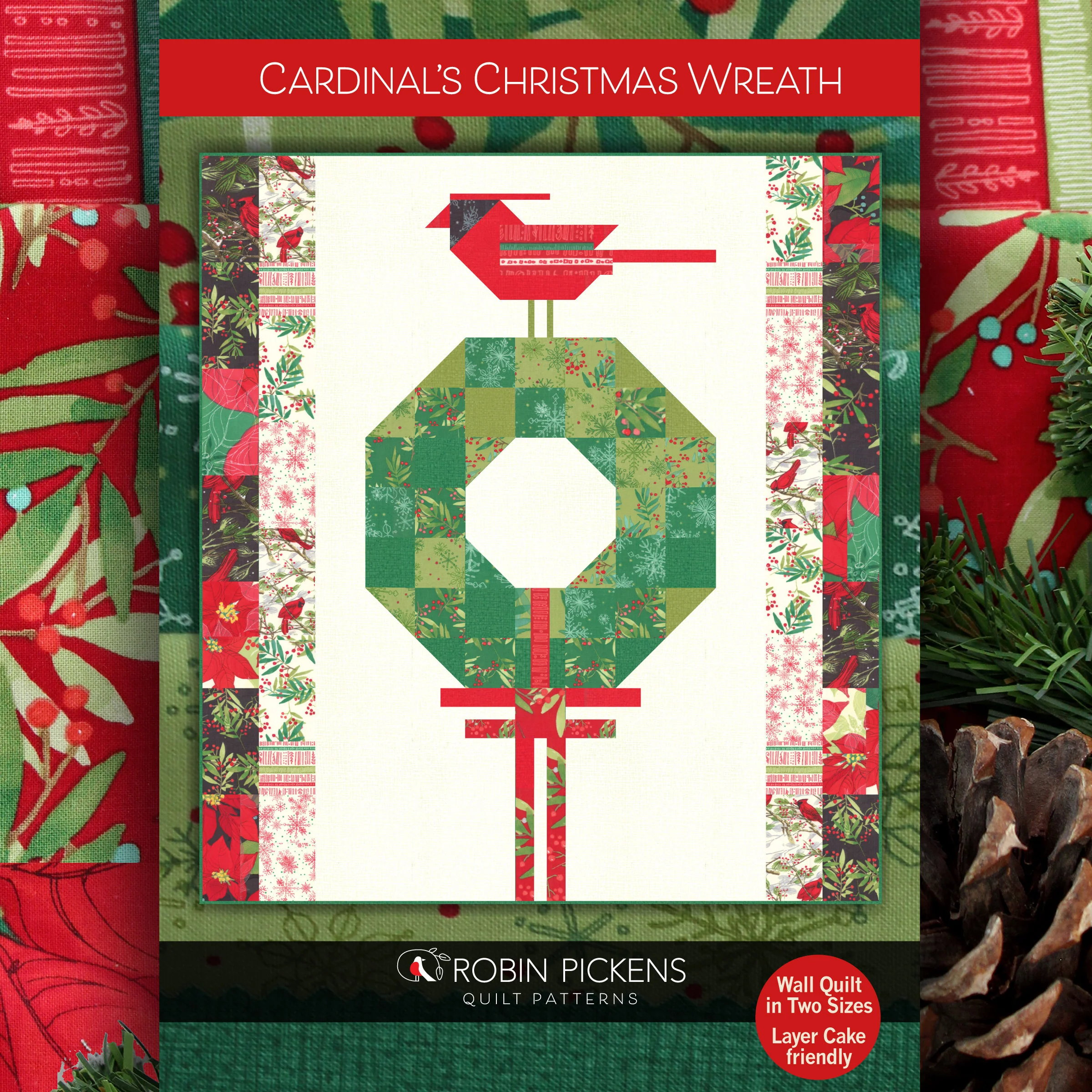 CARDINALS CHRISTMAS WREATH Printed Quilt Pattern in Large or Medium Wall Sizes by Robin Pickens - Image 6