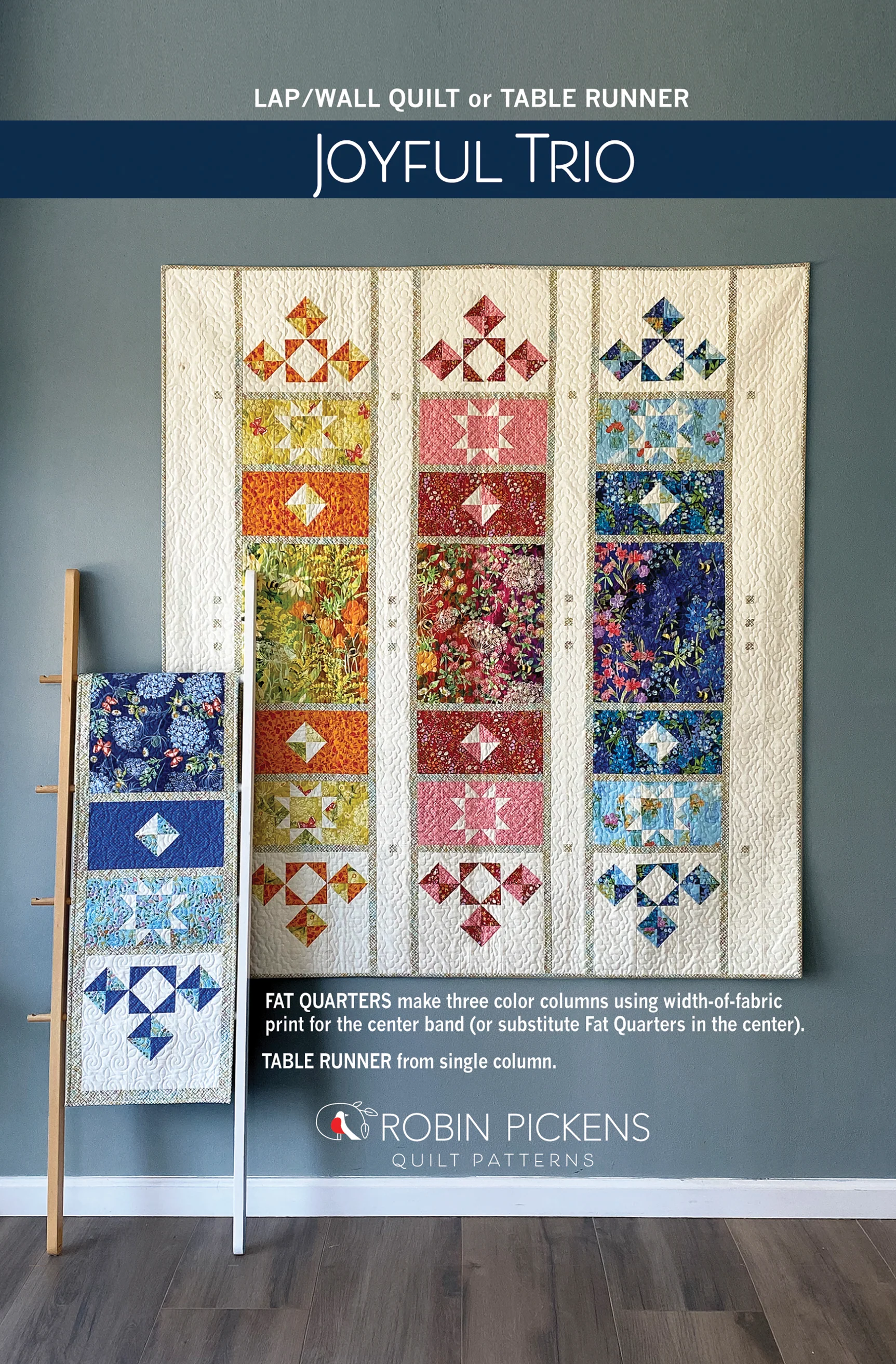 JOYFUL TRIO Quilt Pattern PDF (digital download) by Robin Pickens in LAP or TABLE RUNNER sizes