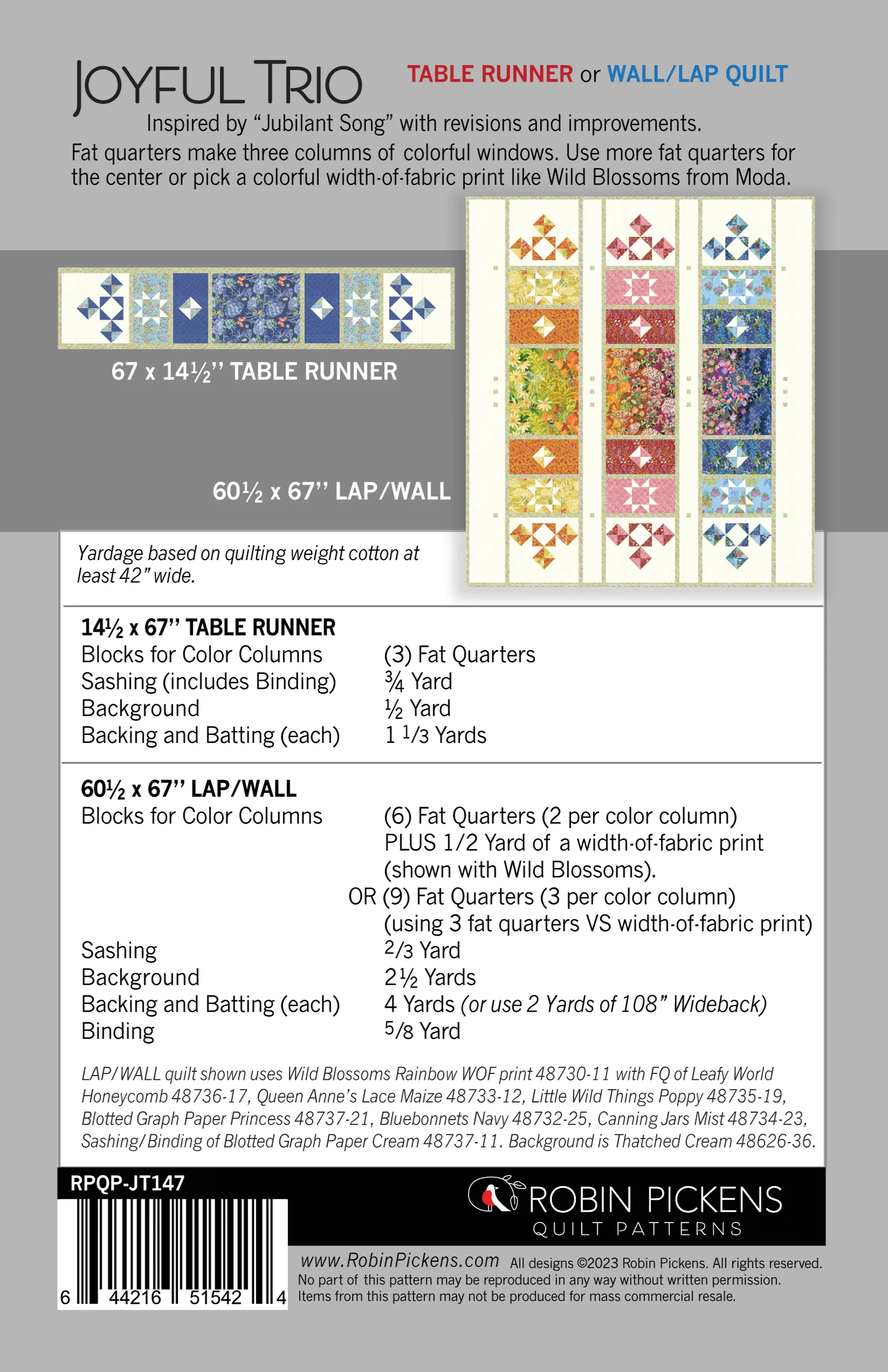 JOYFUL TRIO Quilt Pattern PDF (digital download) by Robin Pickens in LAP or TABLE RUNNER sizes - Image 2