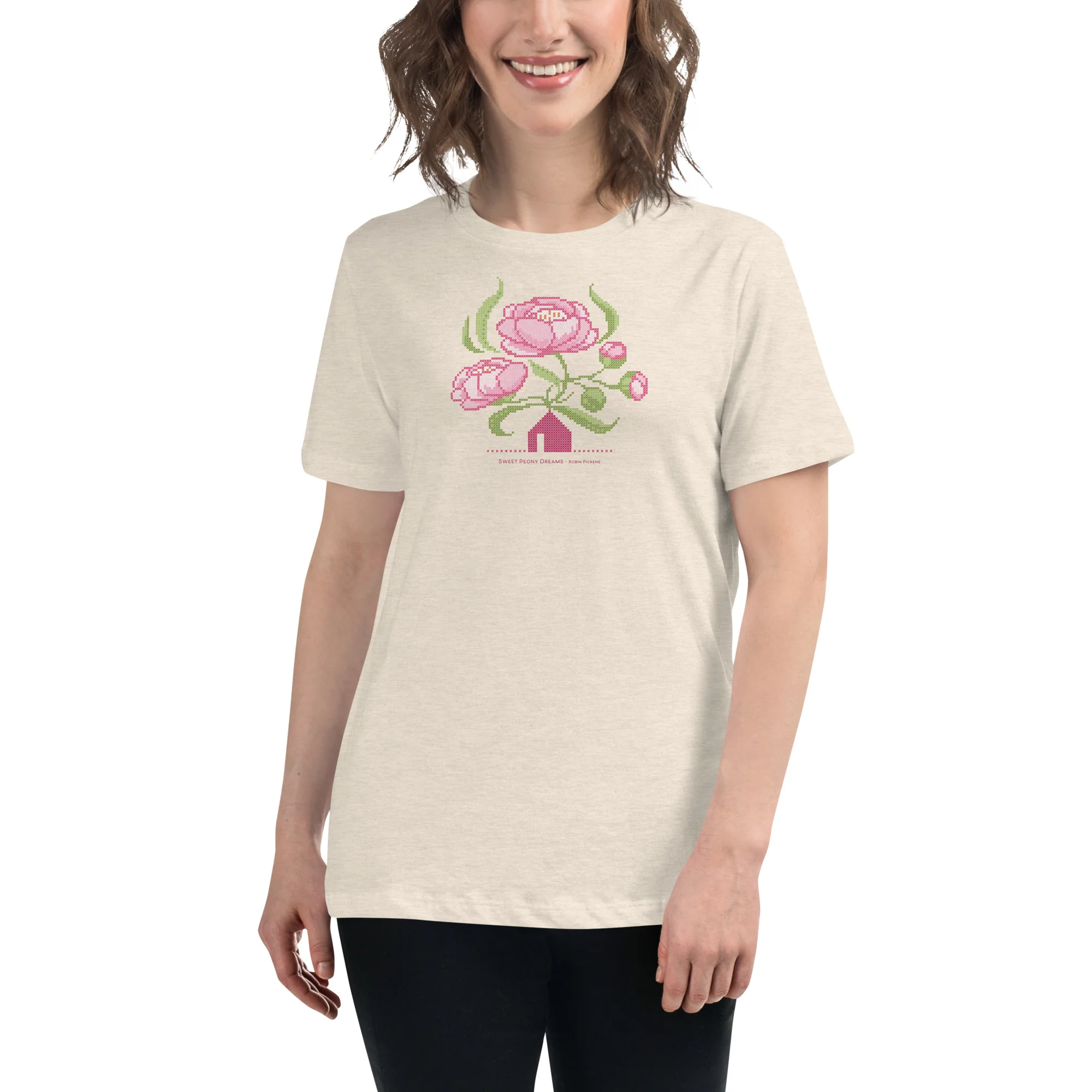 Peony Dreams little house cross stitch design Women's Relaxed T-Shirt - Image 13