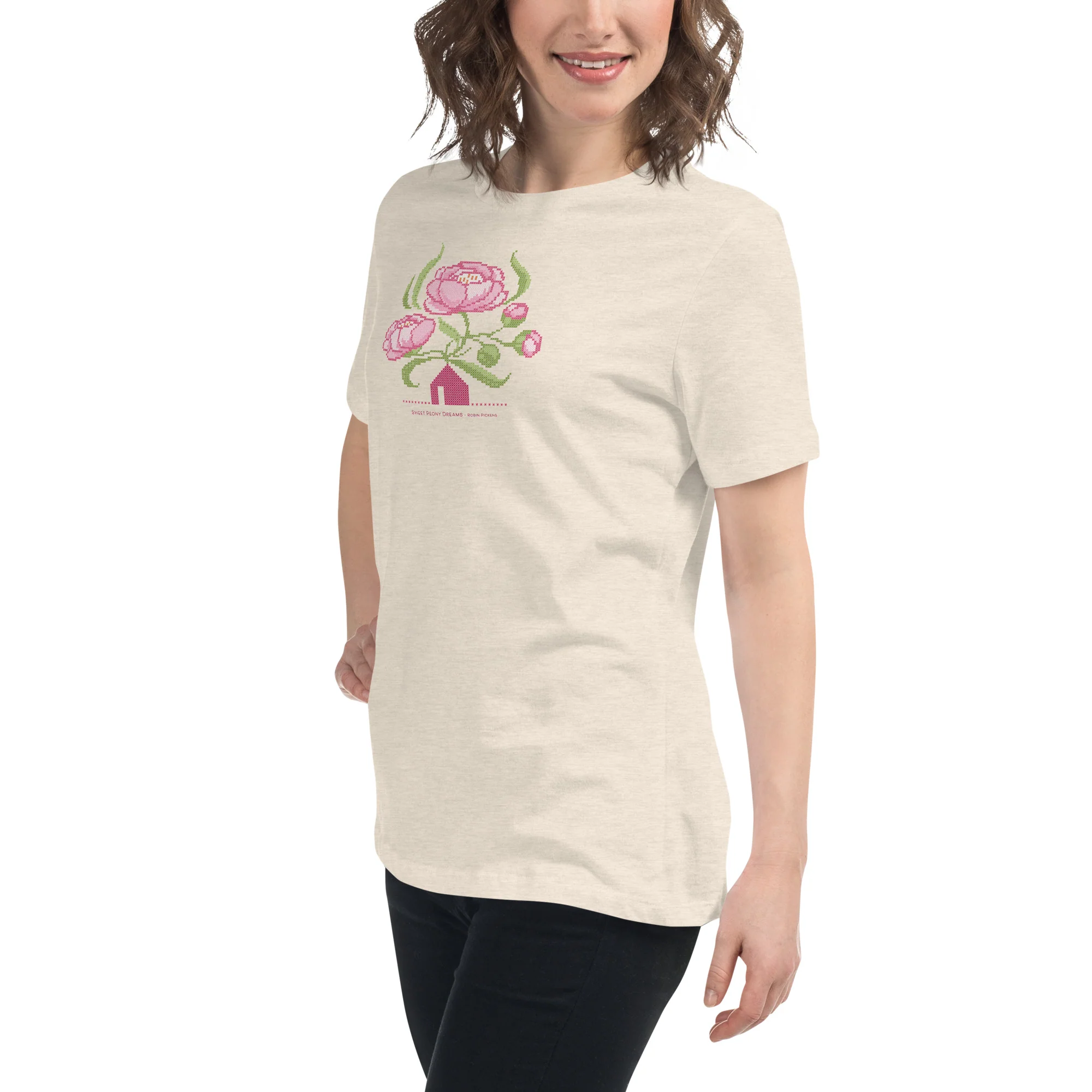 Peony Dreams little house cross stitch design Women's Relaxed T-Shirt - Image 14