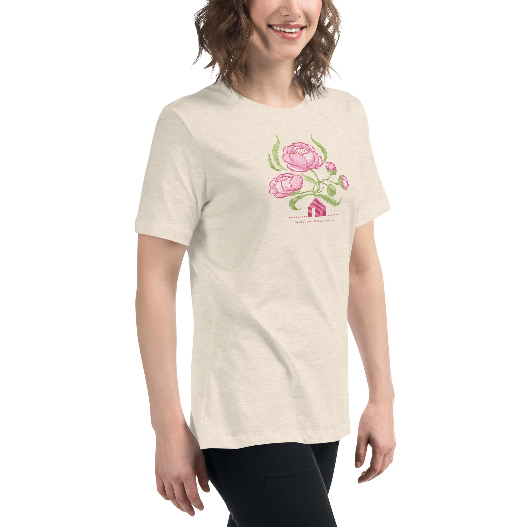 Peony Dreams little house cross stitch design Women's Relaxed T-Shirt - Image 15