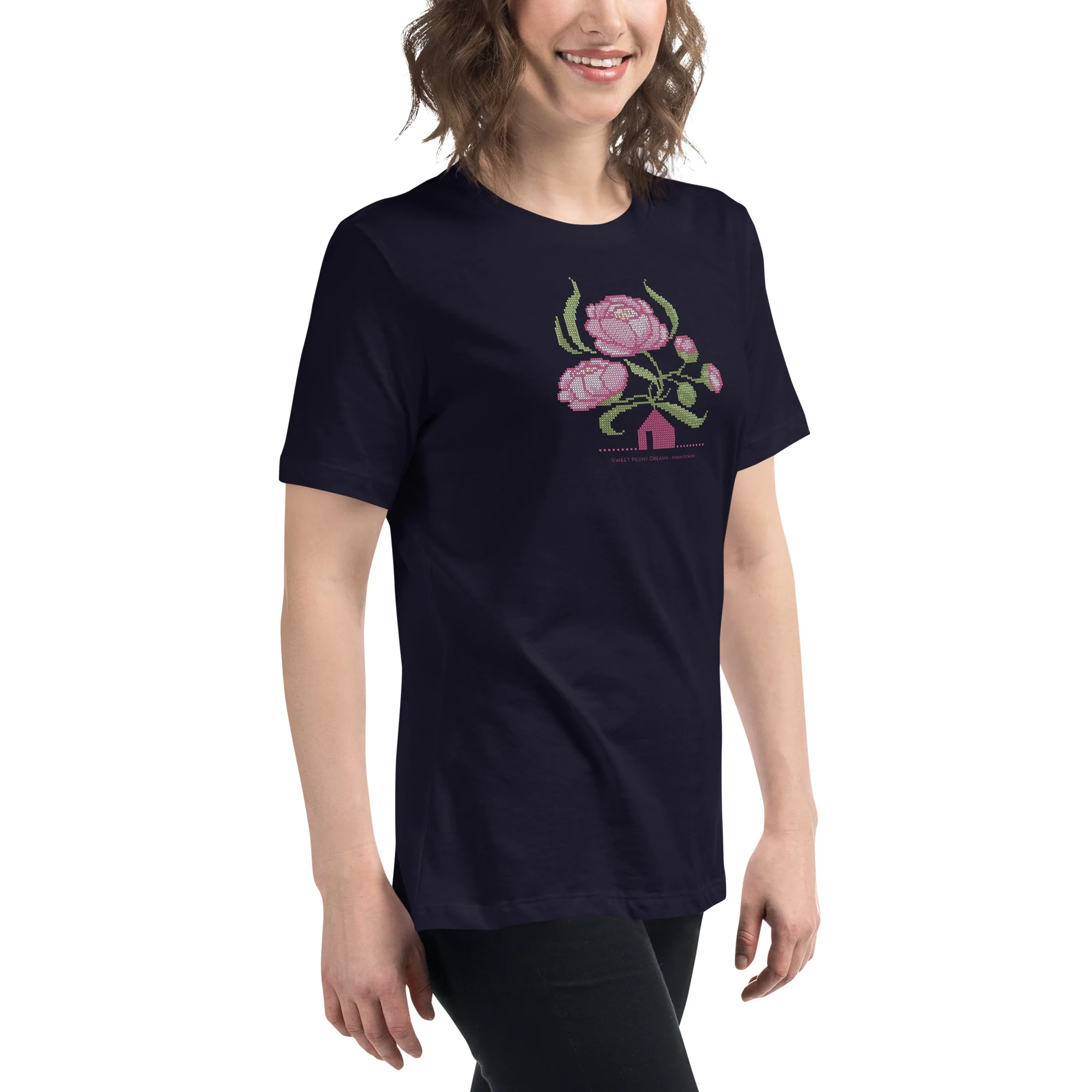 Peony Dreams little house cross stitch design Women's Relaxed T-Shirt - Image 4