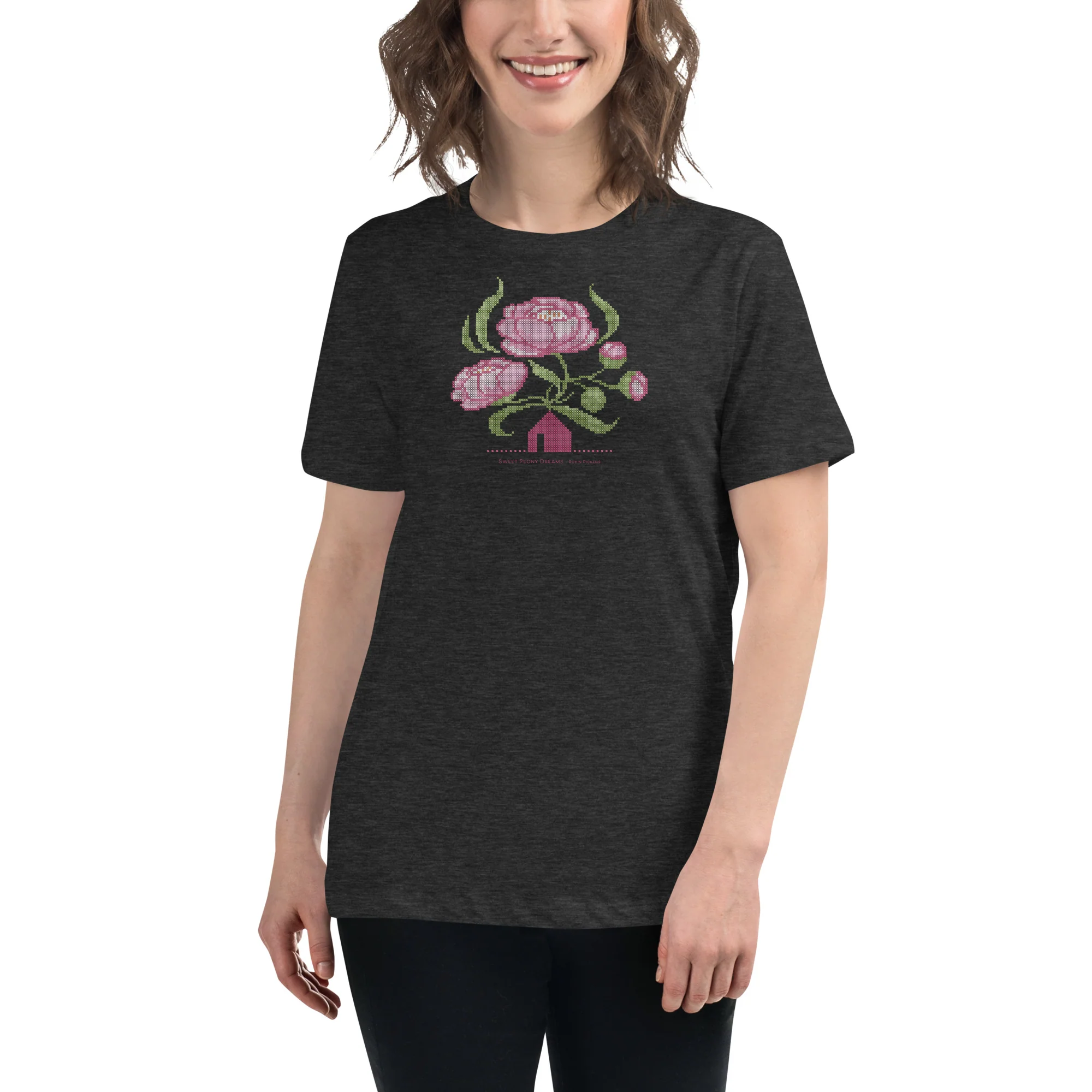 Peony Dreams little house cross stitch design Women's Relaxed T-Shirt - Image 5
