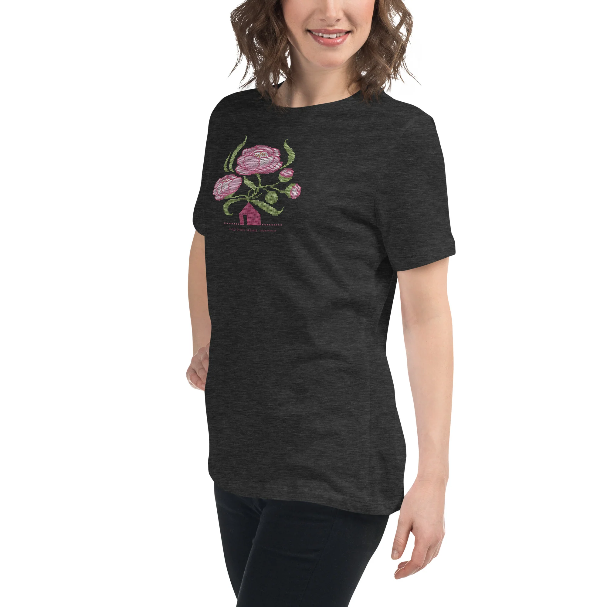 Peony Dreams little house cross stitch design Women's Relaxed T-Shirt - Image 6