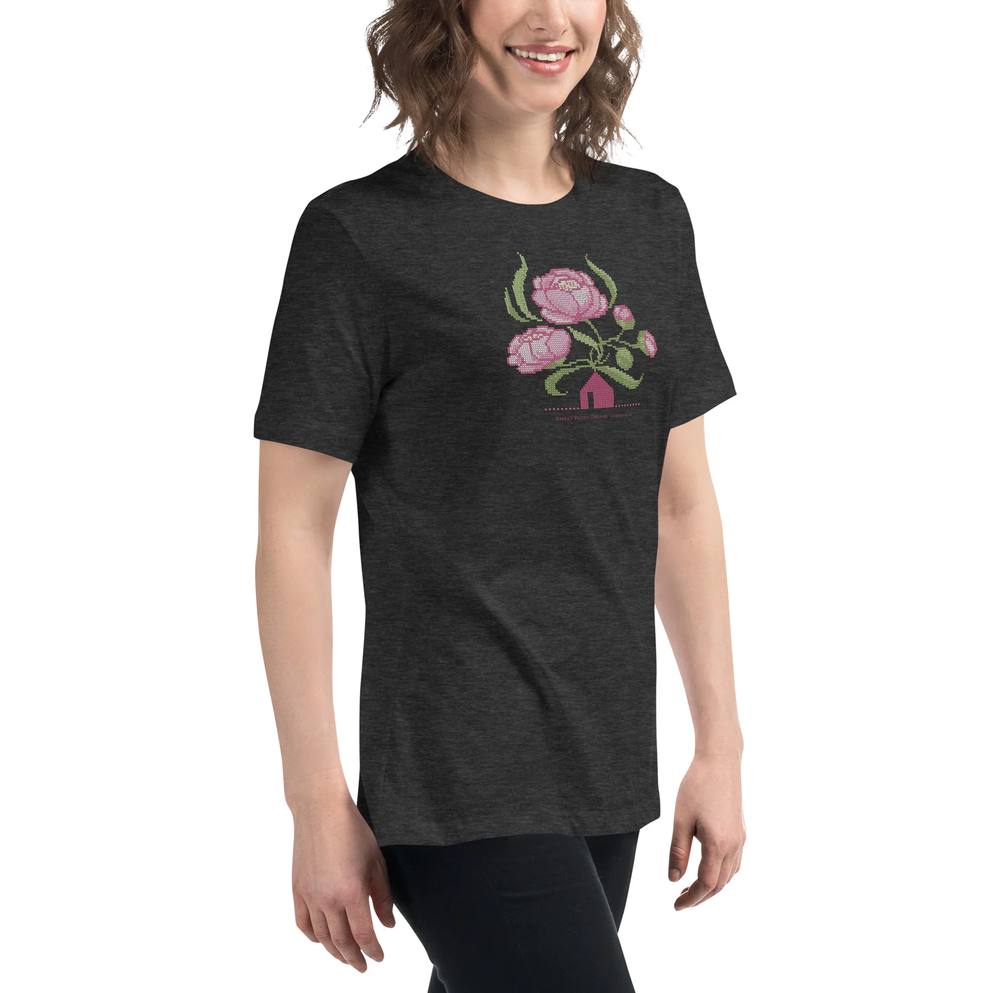 Peony Dreams little house cross stitch design Women's Relaxed T-Shirt - Image 7