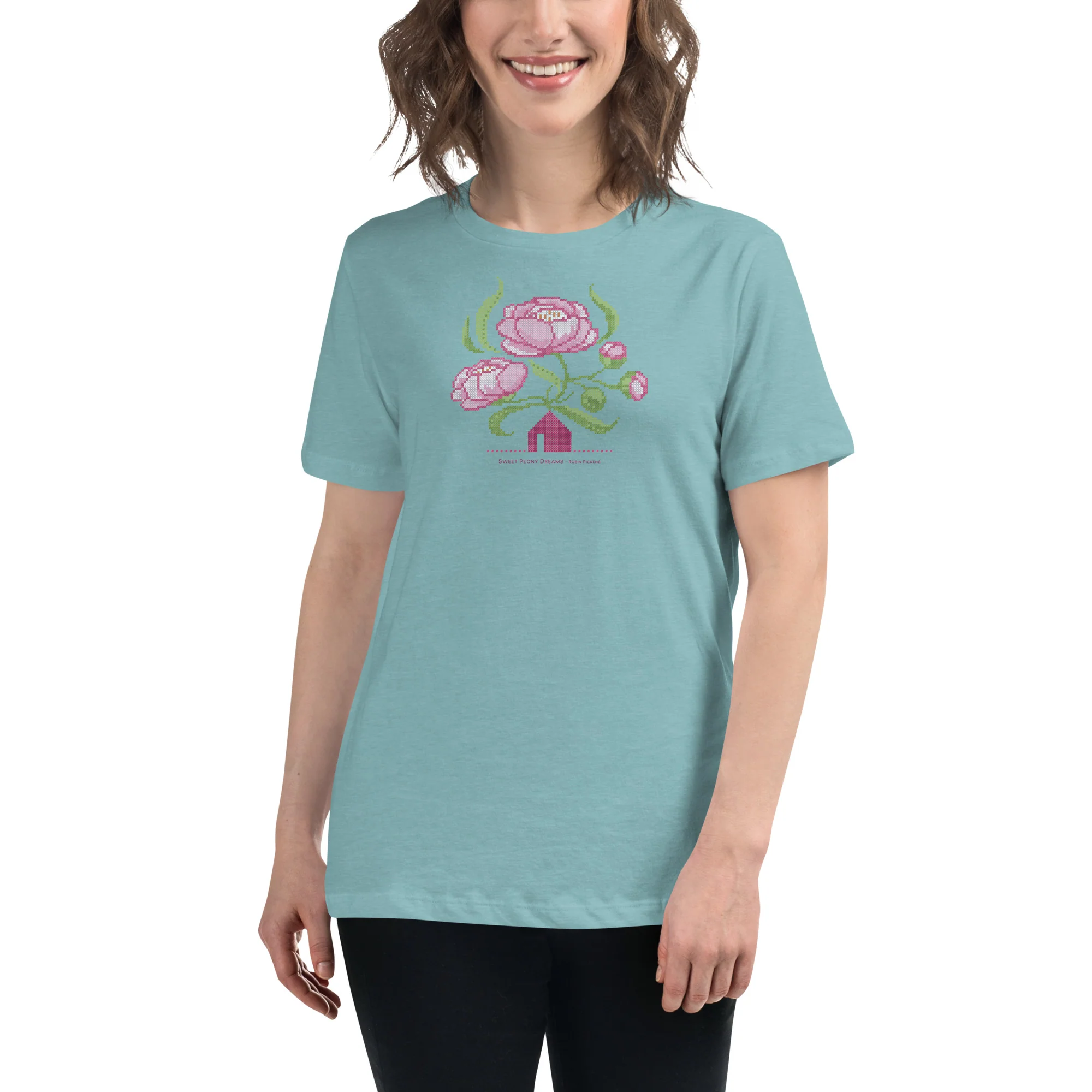 Peony Dreams little house cross stitch design Women's Relaxed T-Shirt - Image 8
