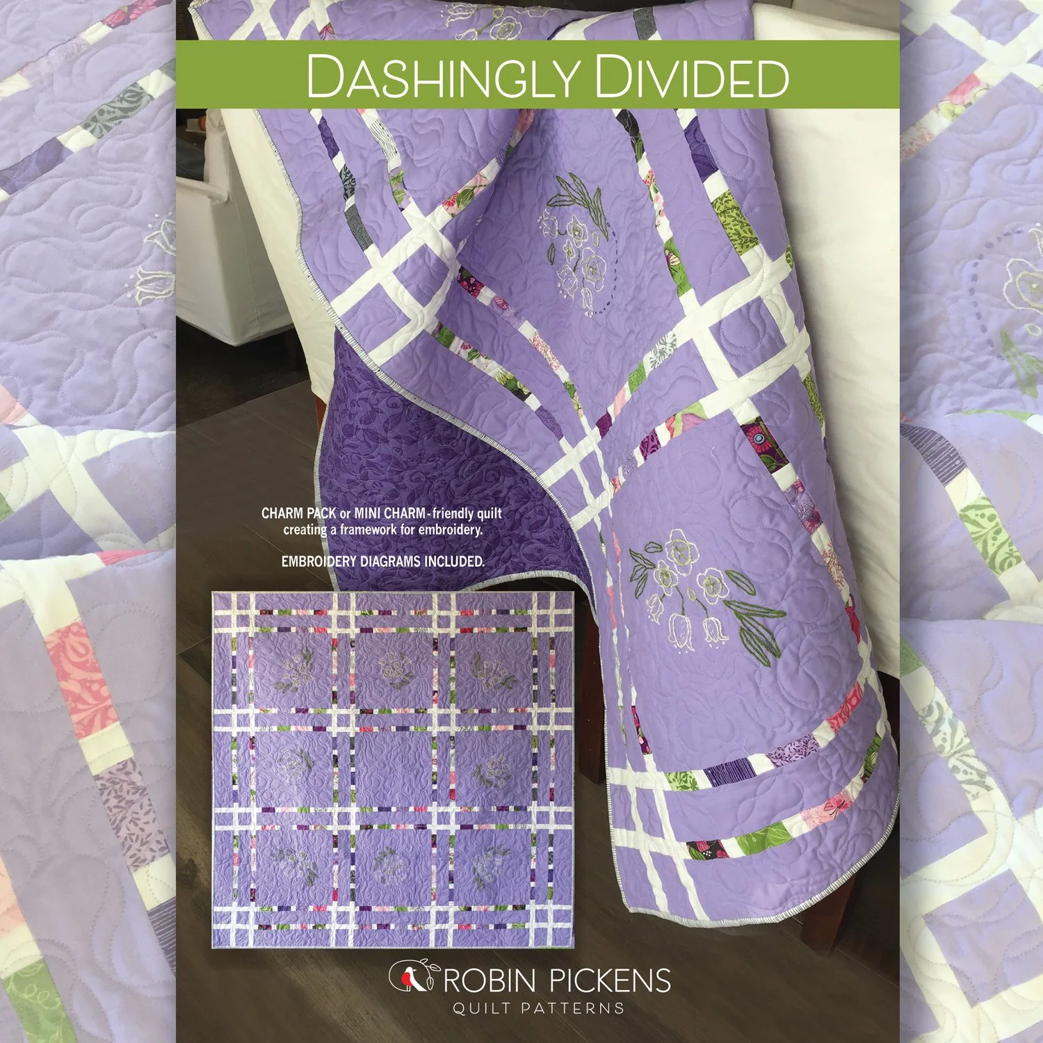 DASHINGLY DIVIDED w/ Embroidery, Digital PDF Quilt Pattern by Robin Pickens / Charm Pack, Mini Charm, precut - Image 7