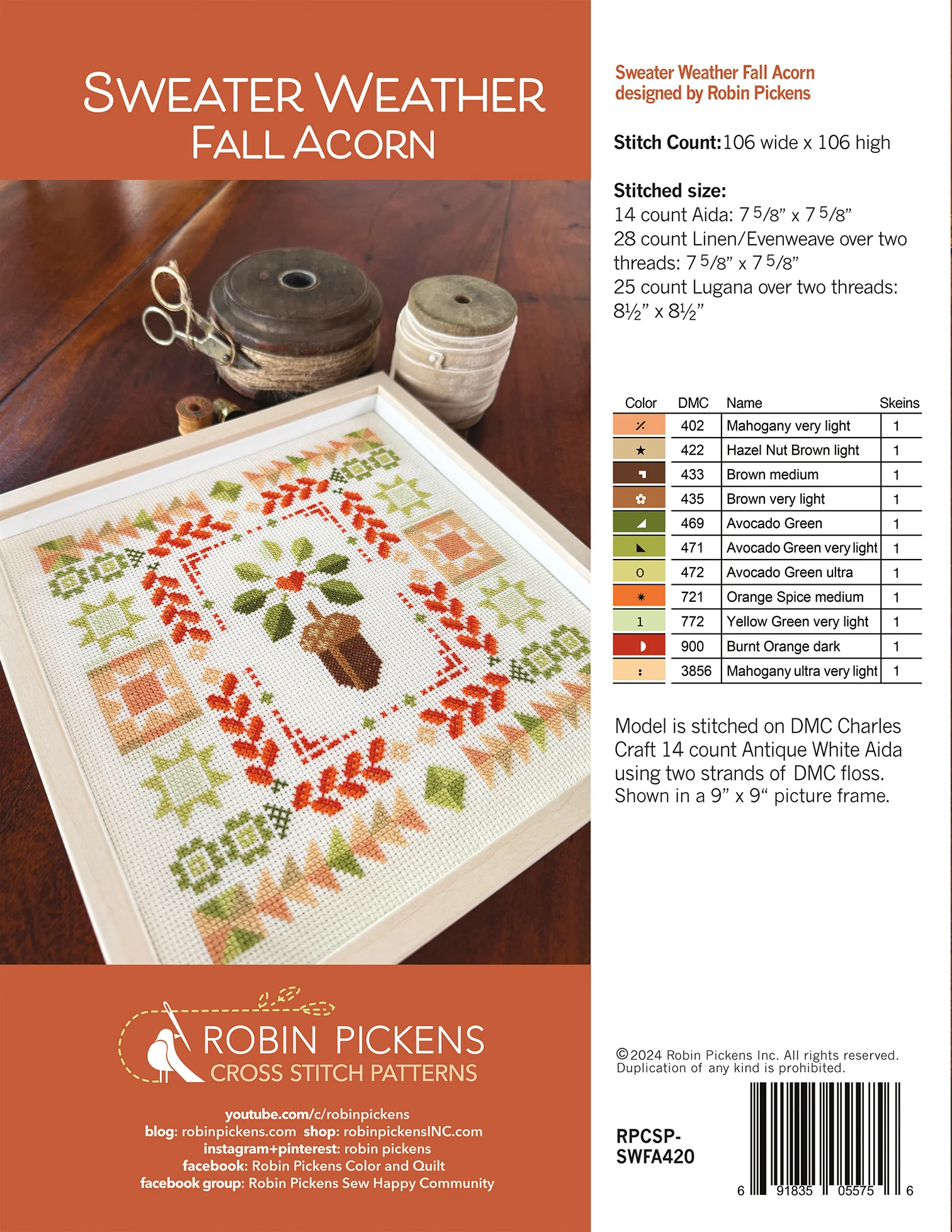 Sweater Weather Fall Acorn Cross Stitch PRINTED Pattern - Image 2